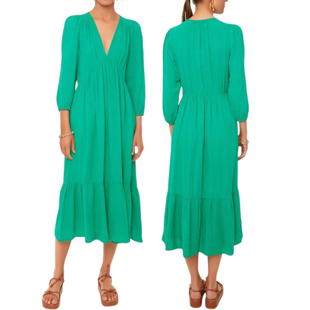 Xirena Women's 'Ella' Midi Dress, Cotton Gauze, V-Neck in Apple Green, X-Large